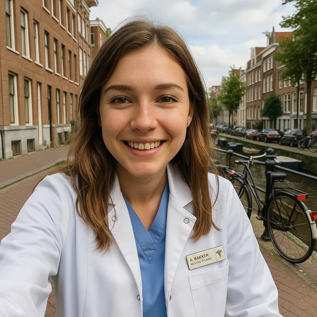 After photo: Professional medical student headshot with white coat and name tag