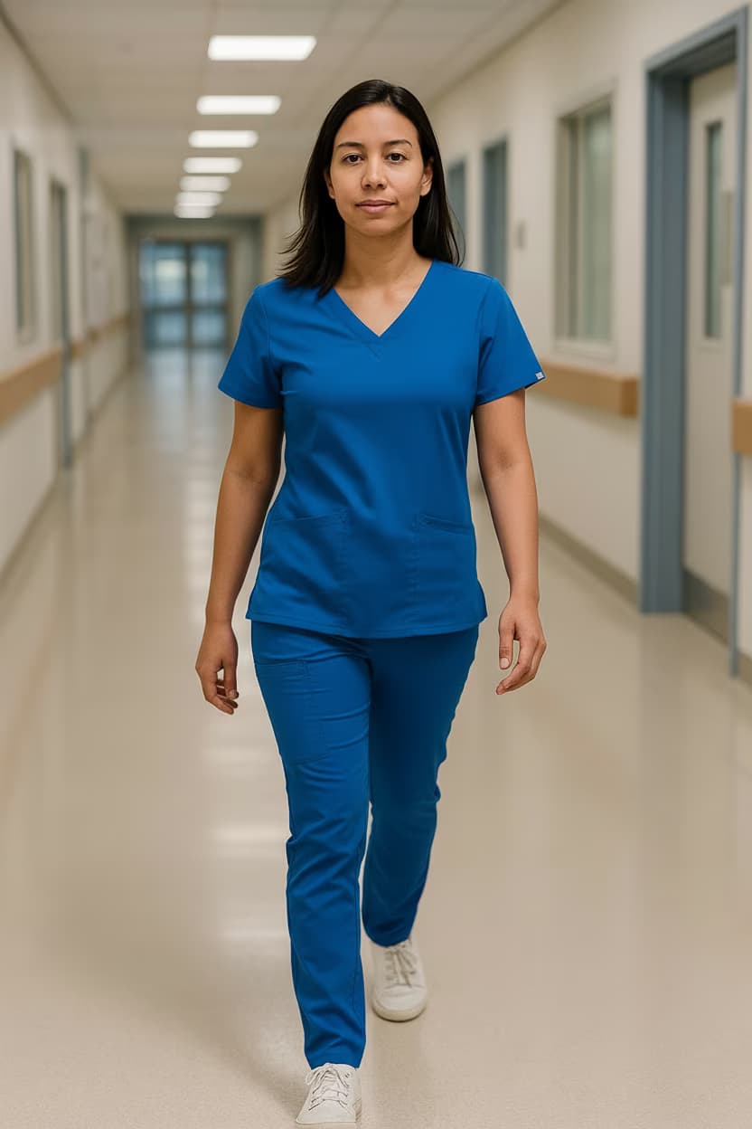 After photo: Medical professional headshot of woman in hospotial in blue scrubs with V-neck and short sleeves