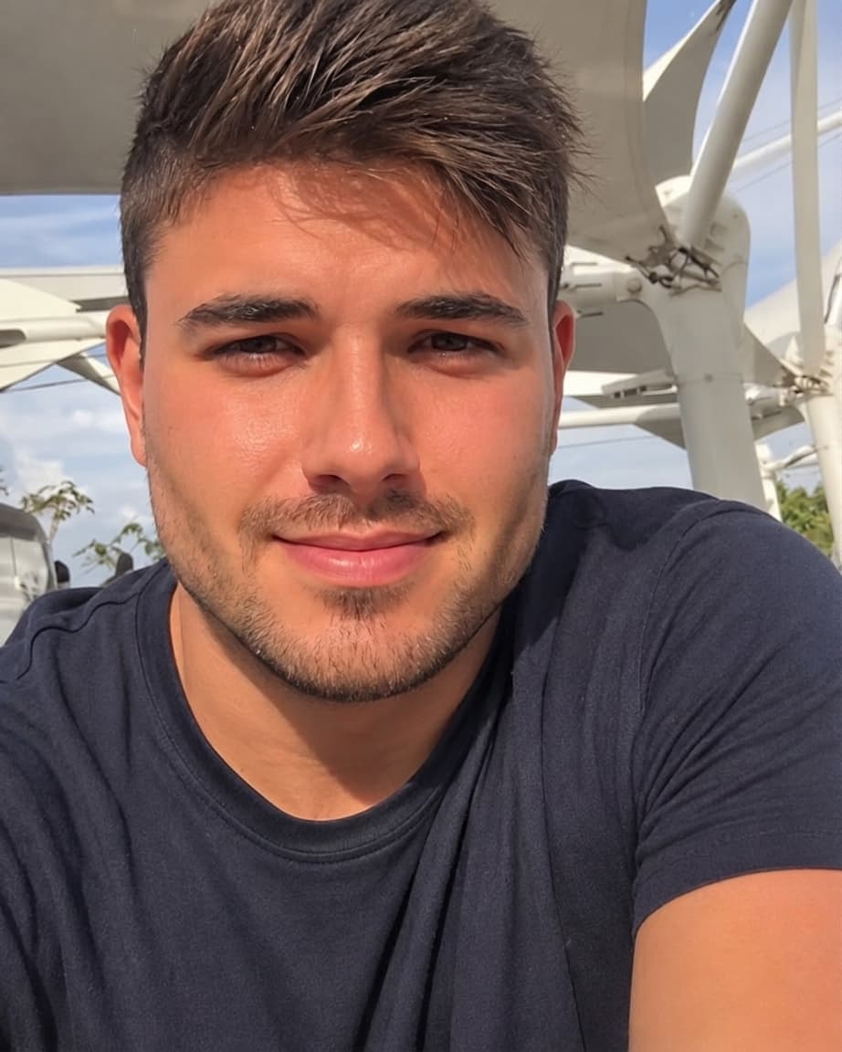 After jawline filter: man with a light beard and a masculine, symmetrical jawline