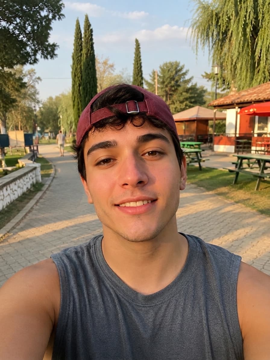 After jawline filter: man in a cap walking in a park with a good-looking, masculine jawline