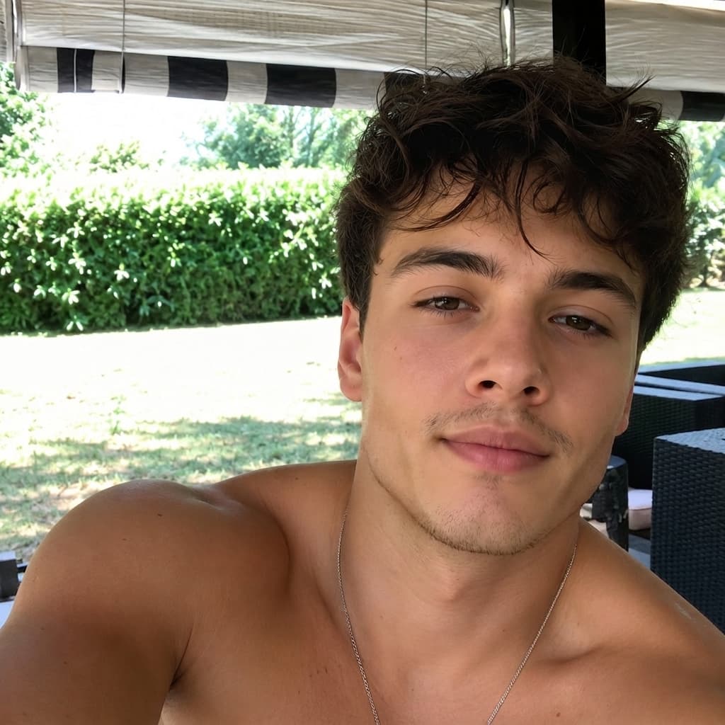After jawline filter: shirtless man with a necklace on his porch with a strong, masculine jawline