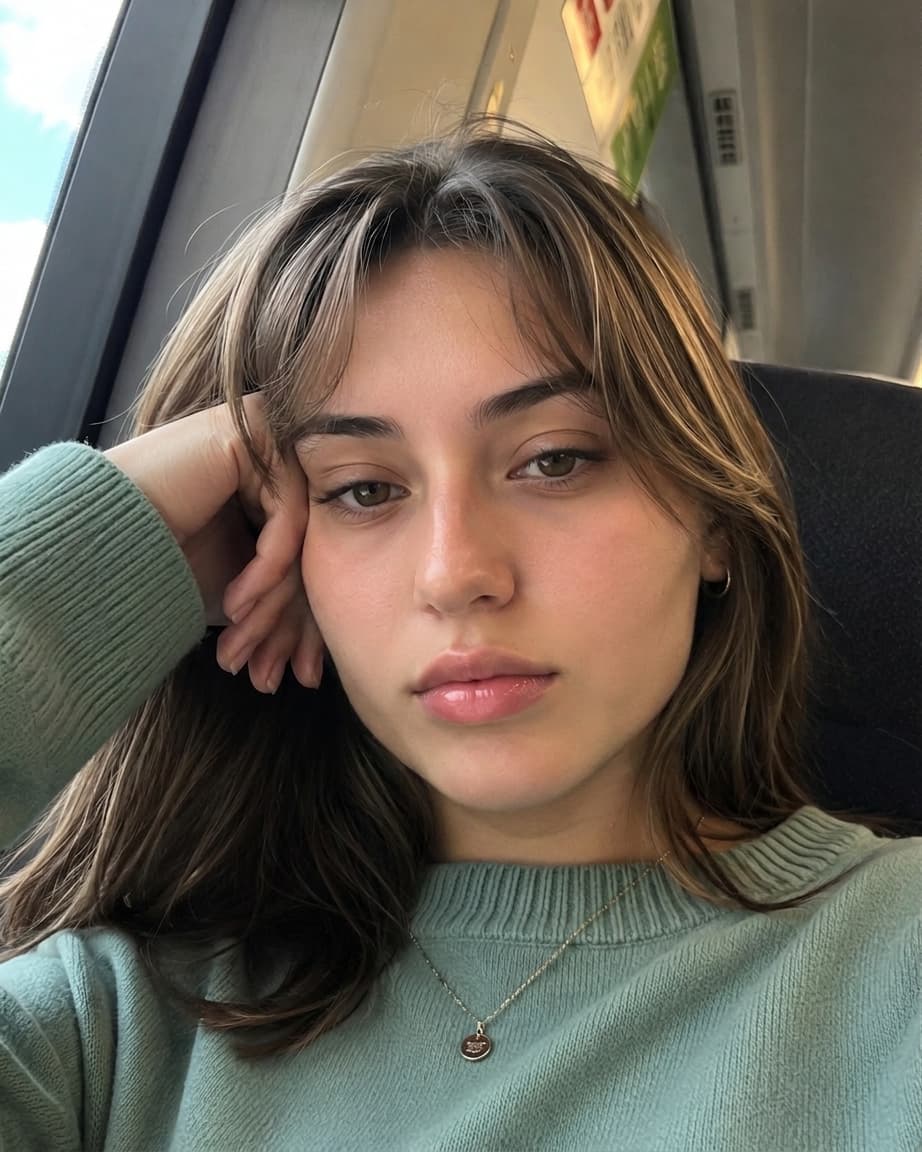 After jawline filter: woman on a train resting her head on her hand with a well-defined, feminine jawline