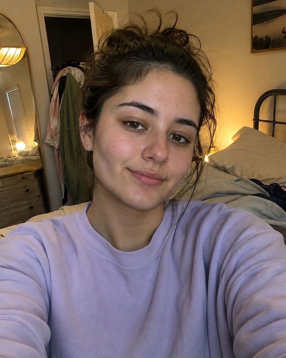 After photo: selfie of a girl in her bedroom with a more defined, sharper lower face