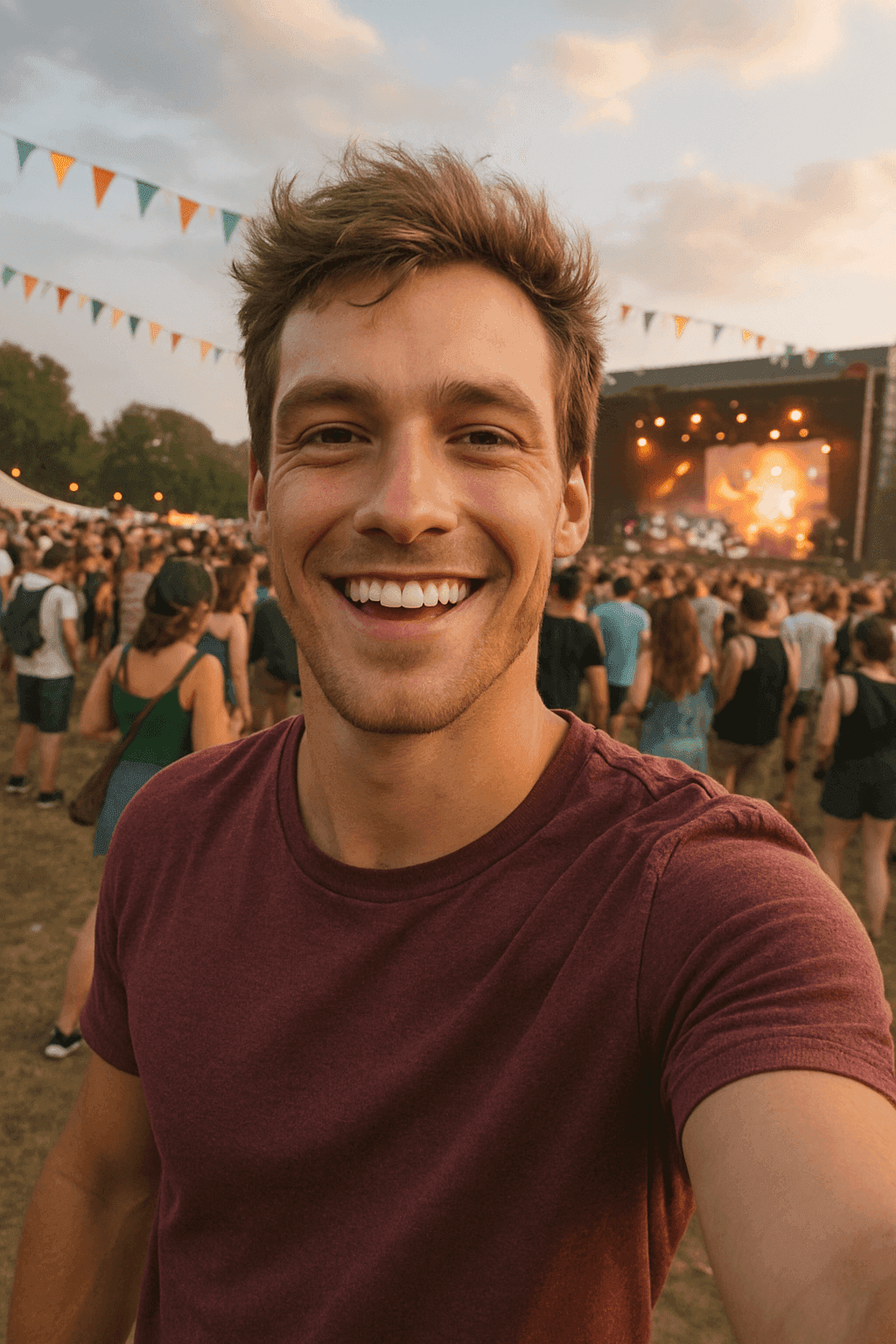 Before photo glow up: Selfie of guy at festival in plain outfit