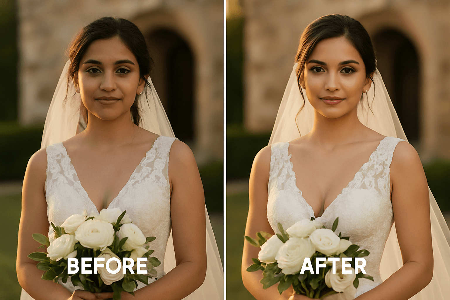 Before and after wedding photo touch-up: gentle glow, brighter eyes, and warm background bokeh for a polished but natural look.