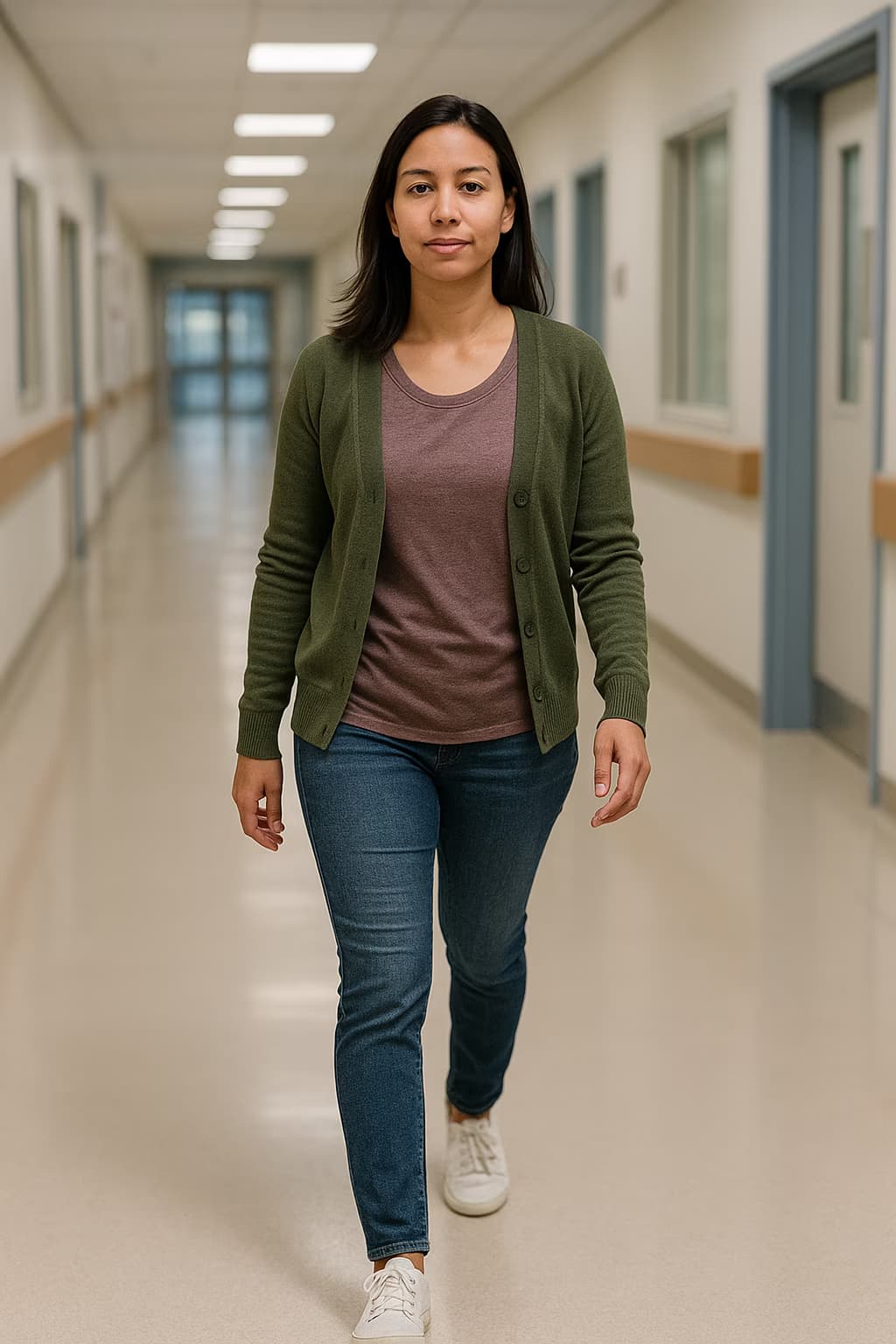 Before photo: Nurse walking into hospital in casual clothing