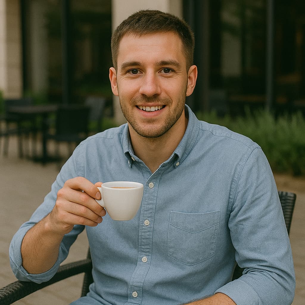 Close up photo of male medical student drinking coffee on the tarrace