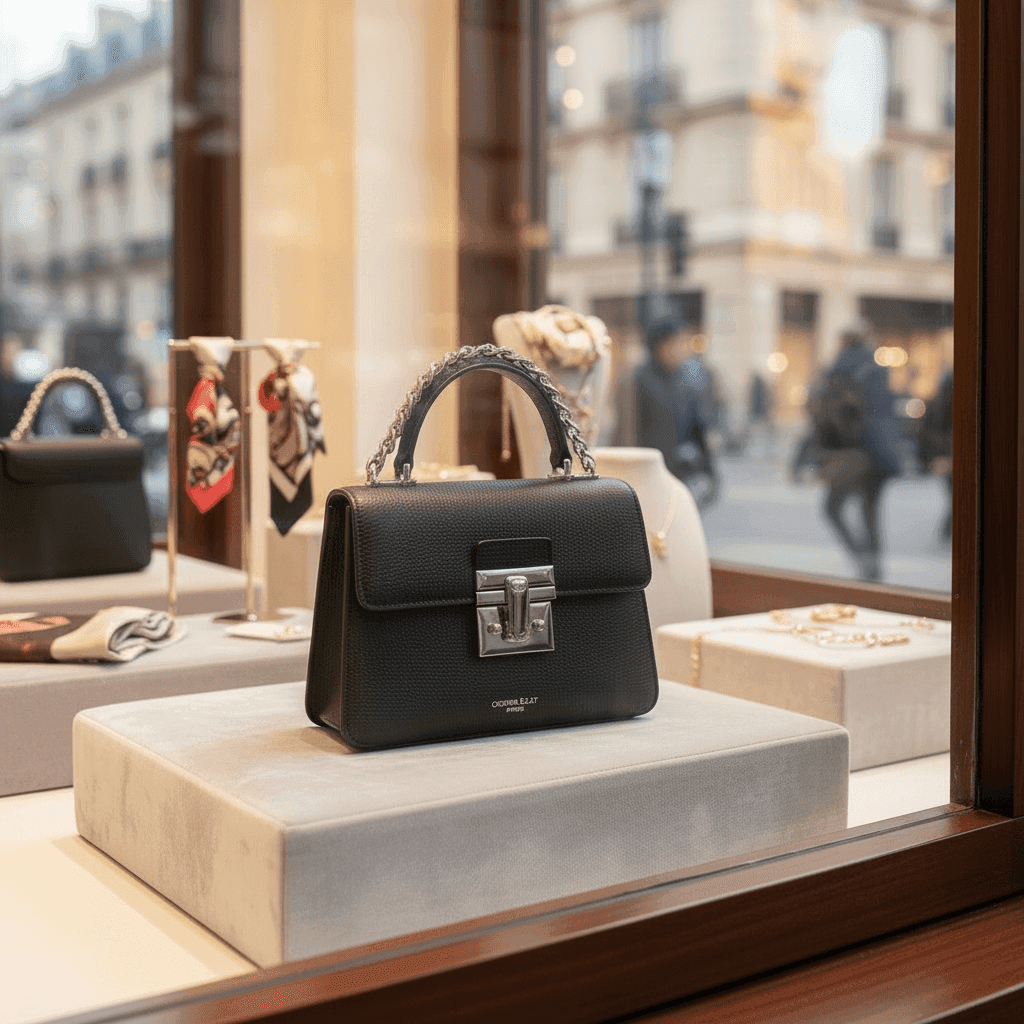 Before making background transparent: Luxury ladies bag in a shop window