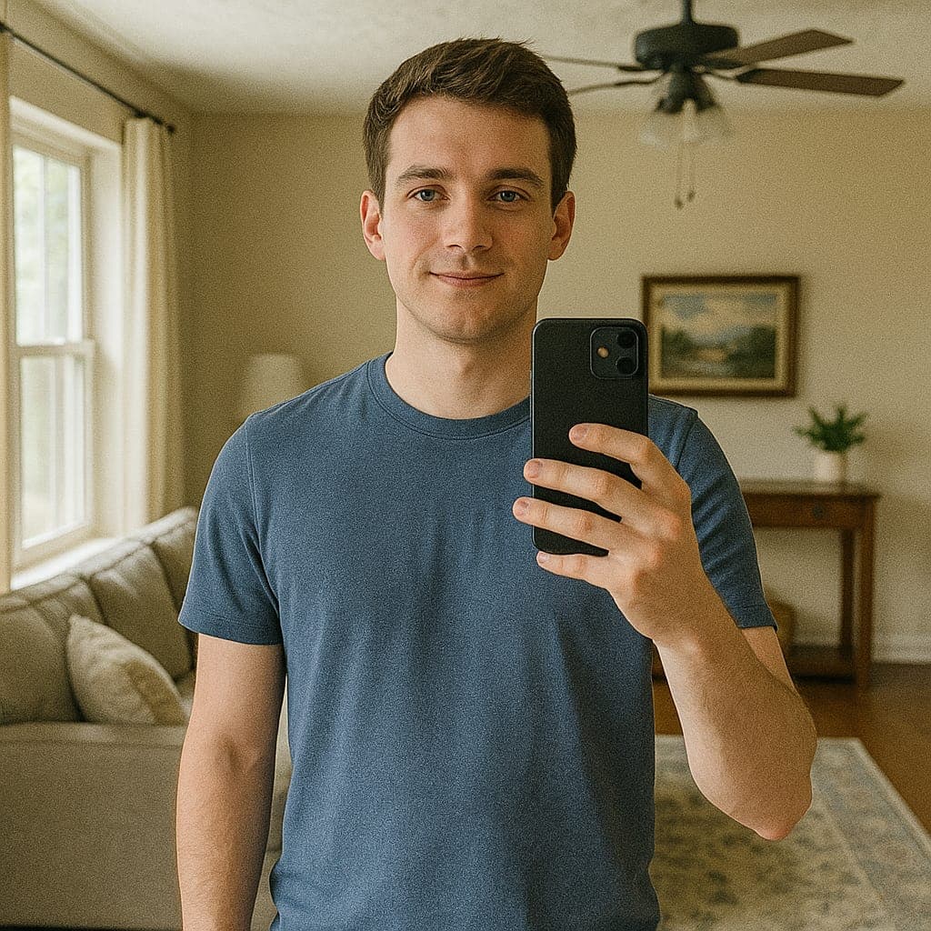 Mirror selfie of heathcare worker in living room after work
