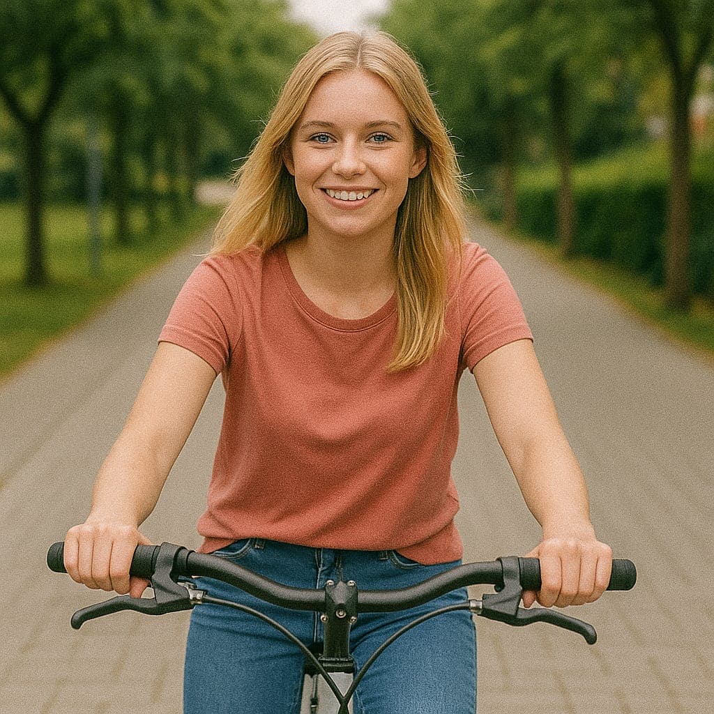 Photo of female younger medical professional on her bike