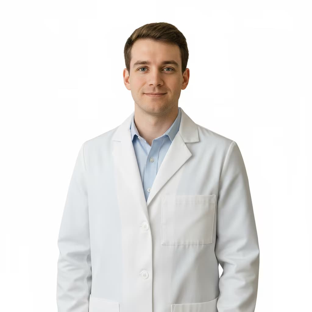 Professional healthcare headshot of a male biomedical technologist in lab coat on ffffff background and no accessories