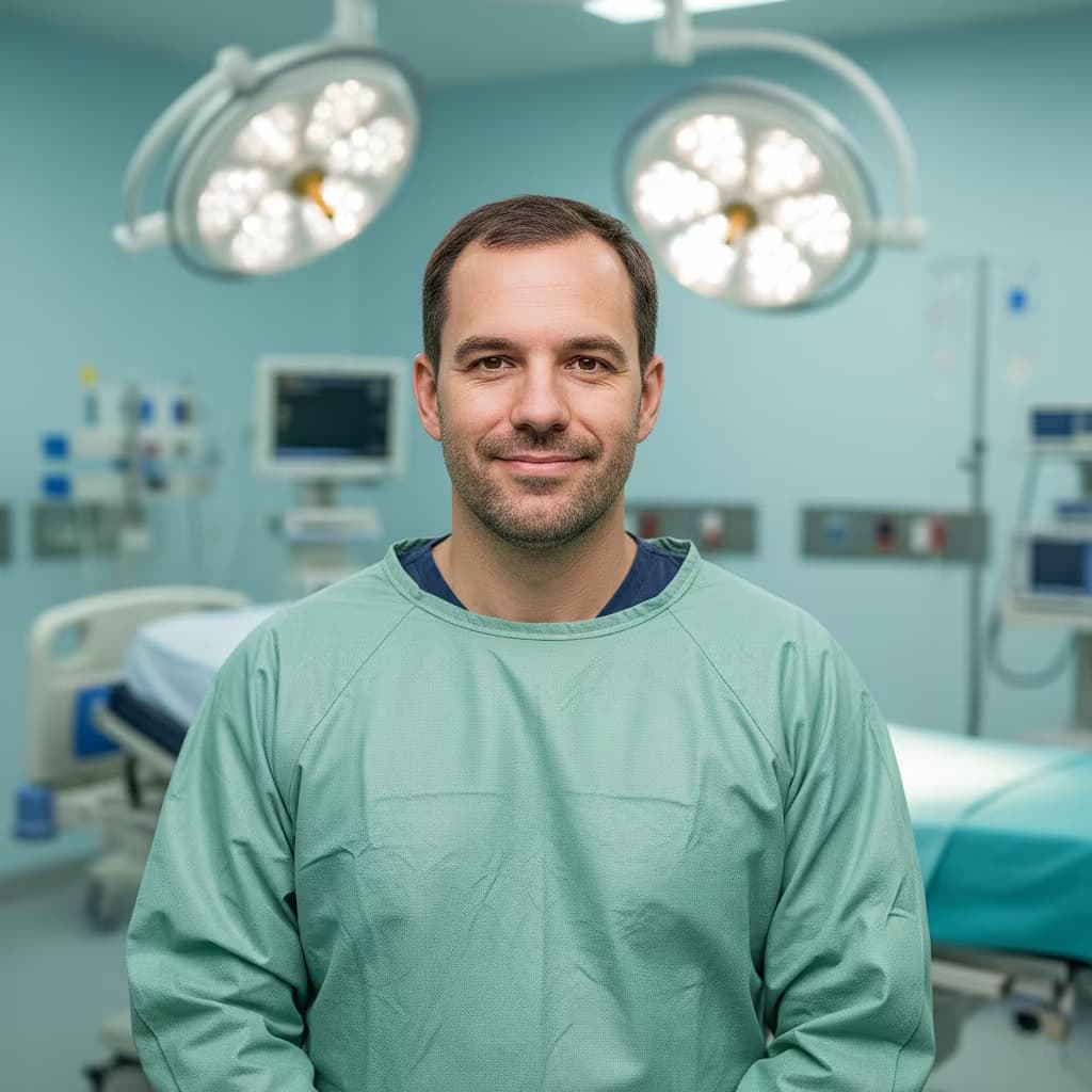 Professional healthcare headshot of a male cardiothoracic surgeon in surgical gown green on surgical room and with gurney