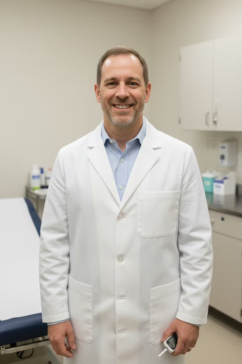 Professional healthcare headshot of a male dentist in lab coat on examination room and with glucose meter