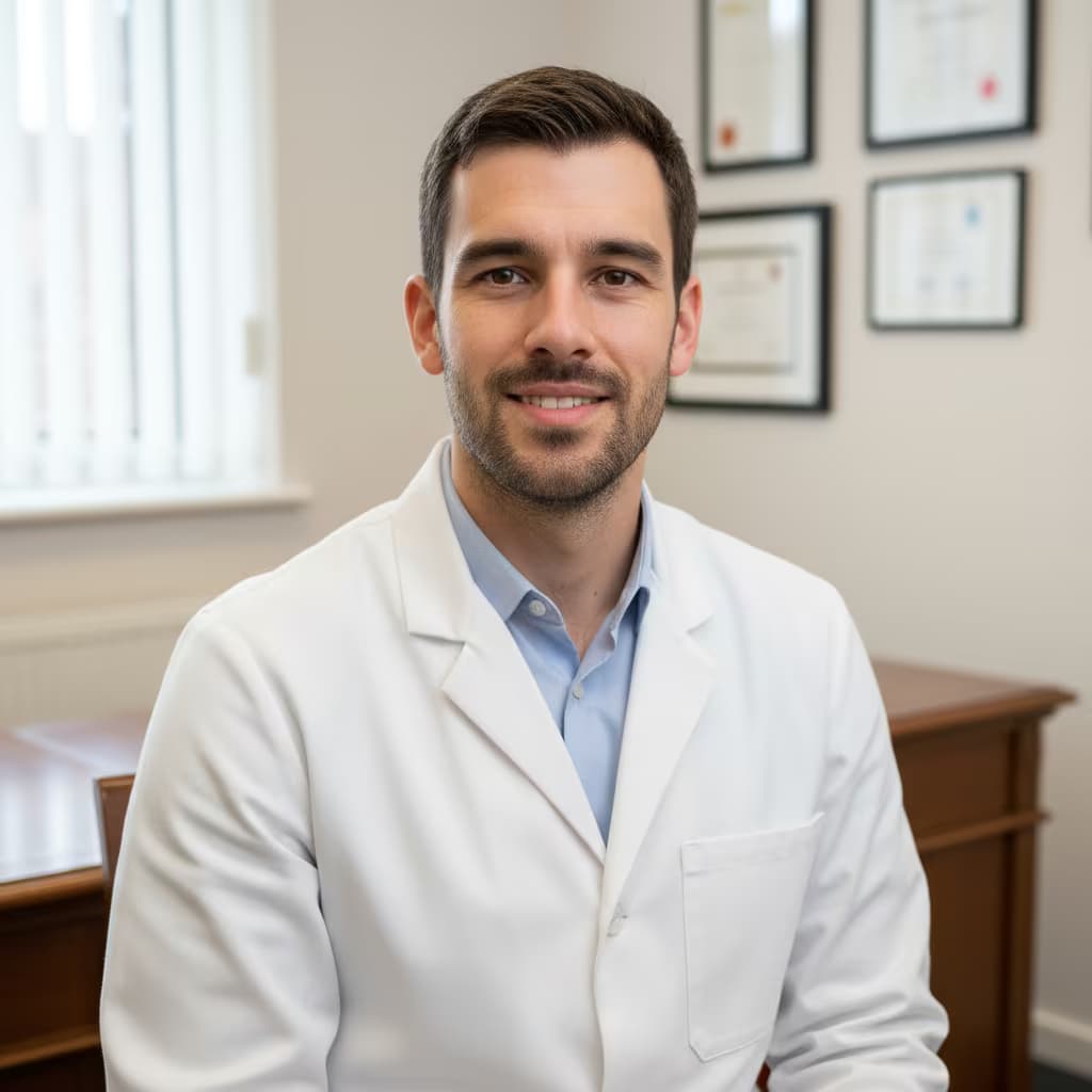 Professional healthcare headshot of a male dermatologist in lab coat on doctor s office and no accessories