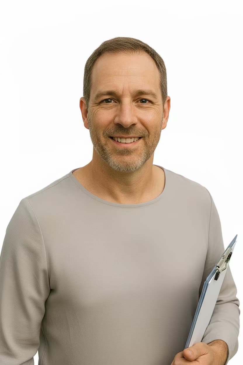 Professional healthcare headshot of a male dietitian in clinic casual blouse on hospital lobby and with clipboard