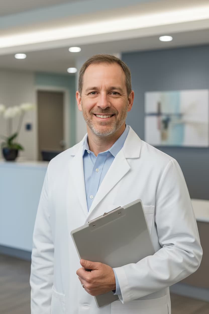 Professional healthcare headshot of a male dietitian in lab coat on hospital lobby and with clipboard