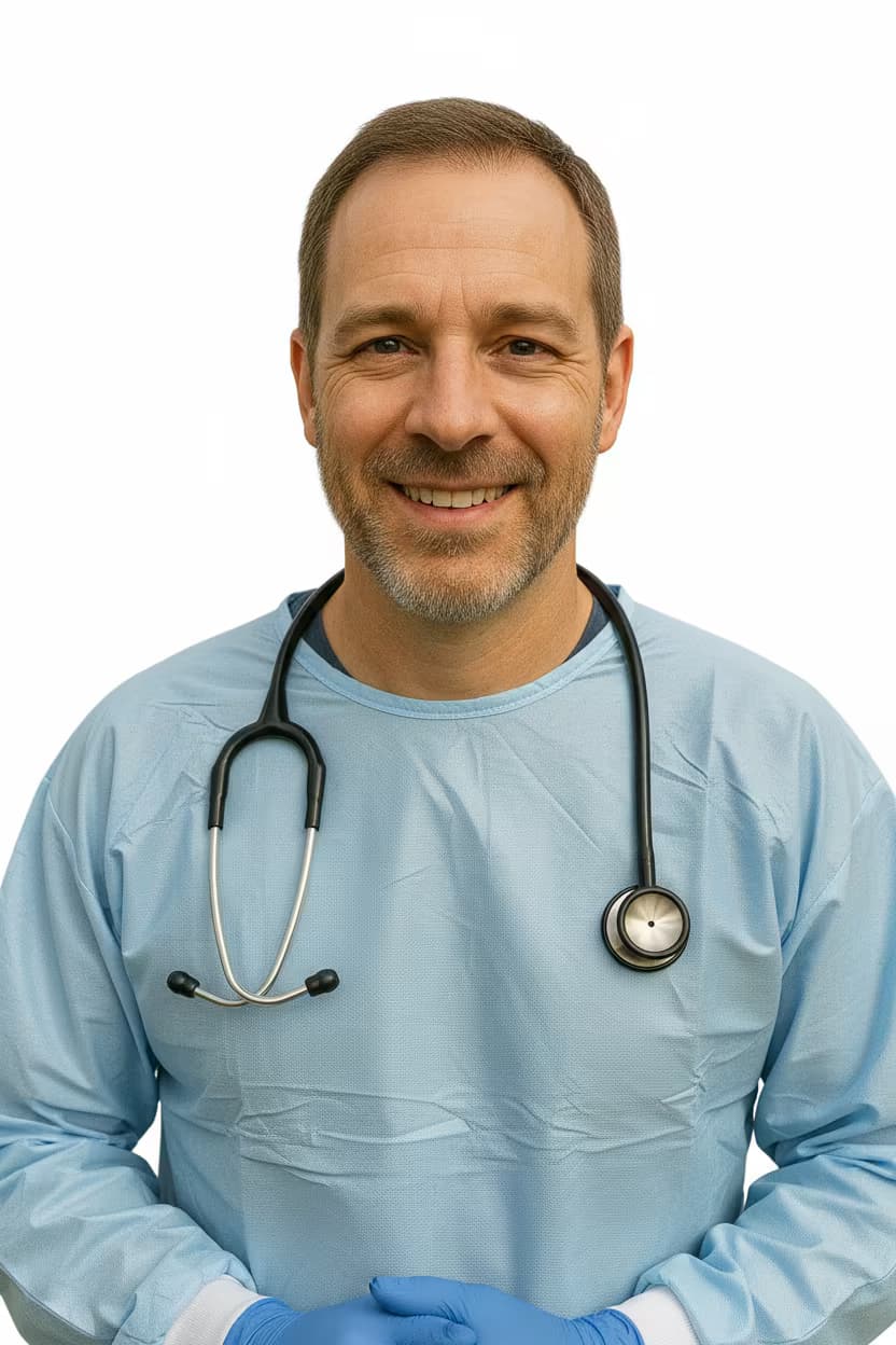 Professional healthcare headshot of a male emergency medical technician in protective wear ppe on ffffff background and with stethoscope