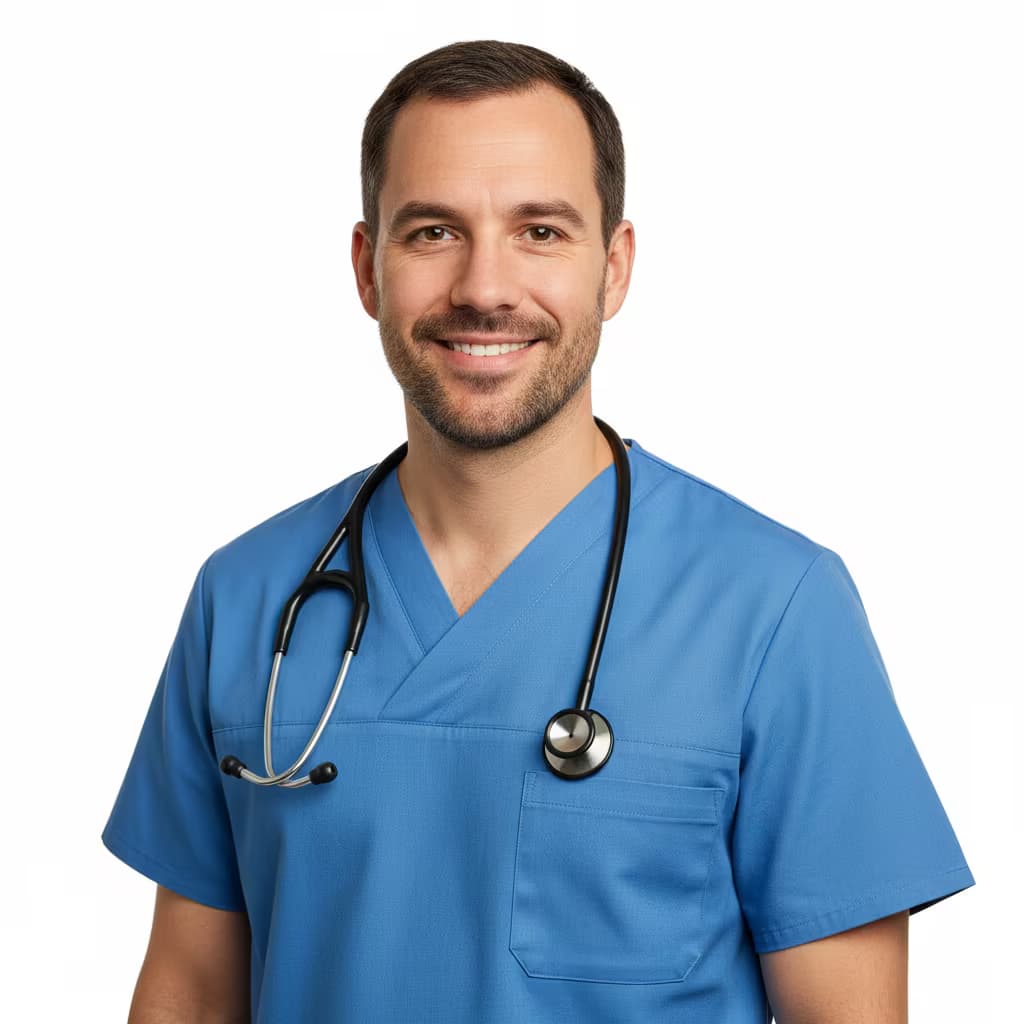 Professional healthcare headshot of a male emergency medical technician in uniform blue on hospital hallway and with stethoscope