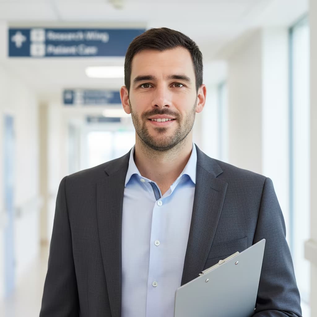 Professional healthcare headshot of a male epidemiologist in business attire charcoal on university medical center and with clipboard