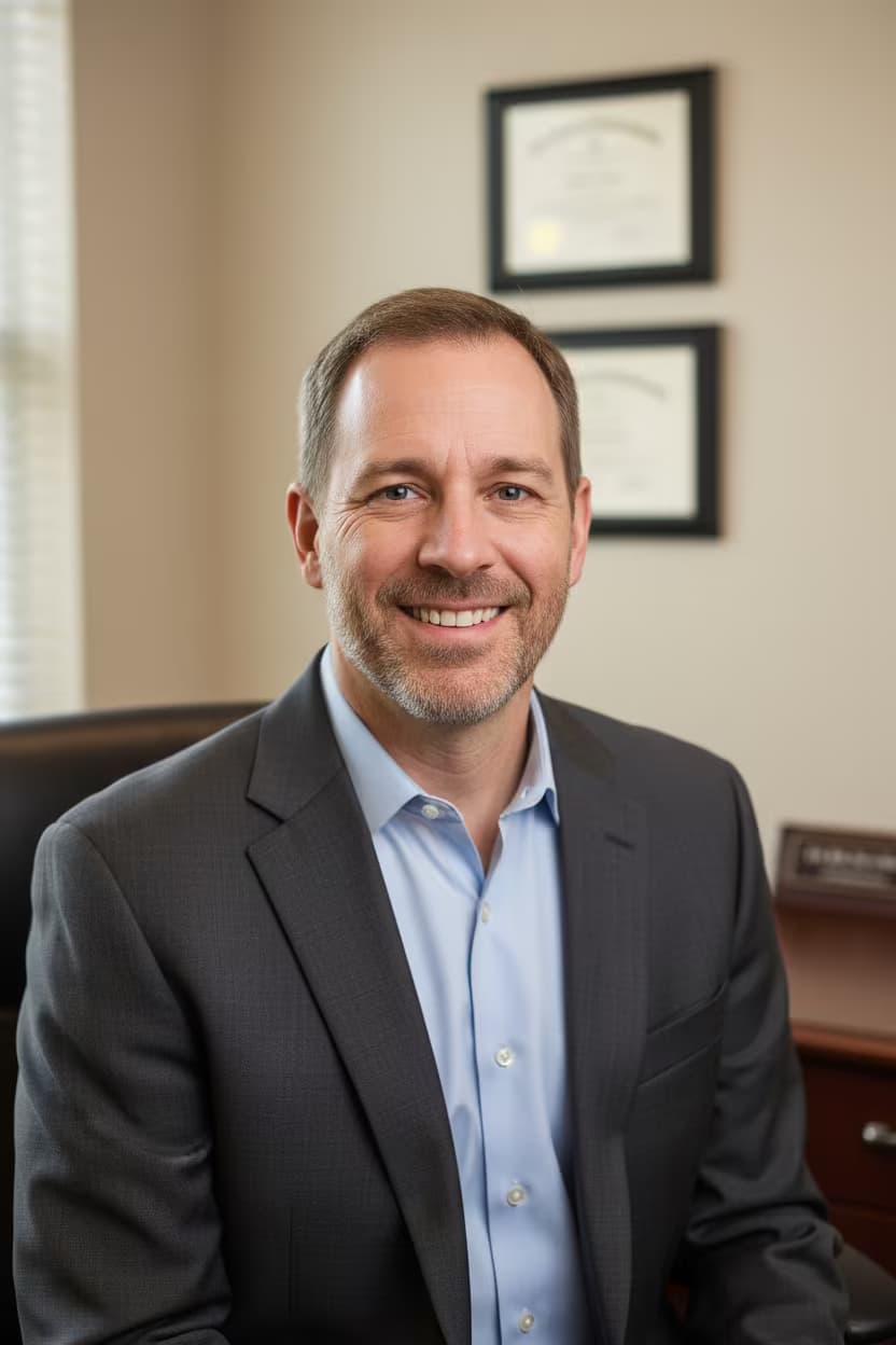 Professional healthcare headshot of a male genetic counselor in business attire charcoal on doctor s office and no accessories