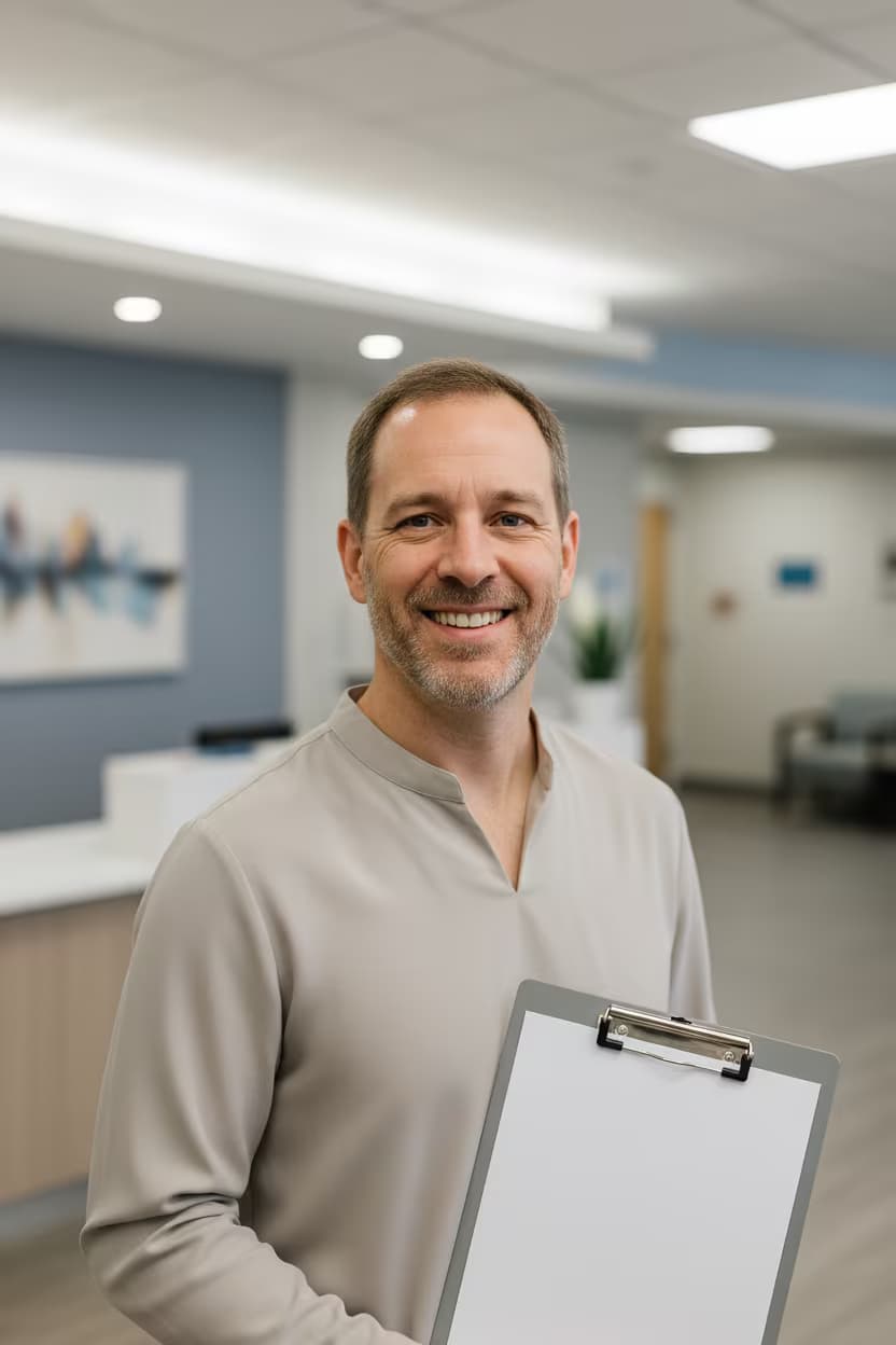 Professional healthcare headshot of a male genetic counselor in clinic casual blouse on hospital lobby and with clipboard