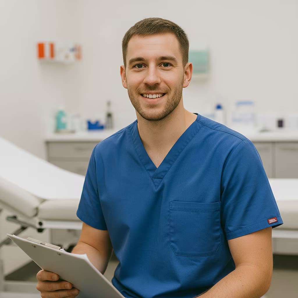 Professional healthcare headshot of a male medical assistant in uniform blue on examination room and with clipboard