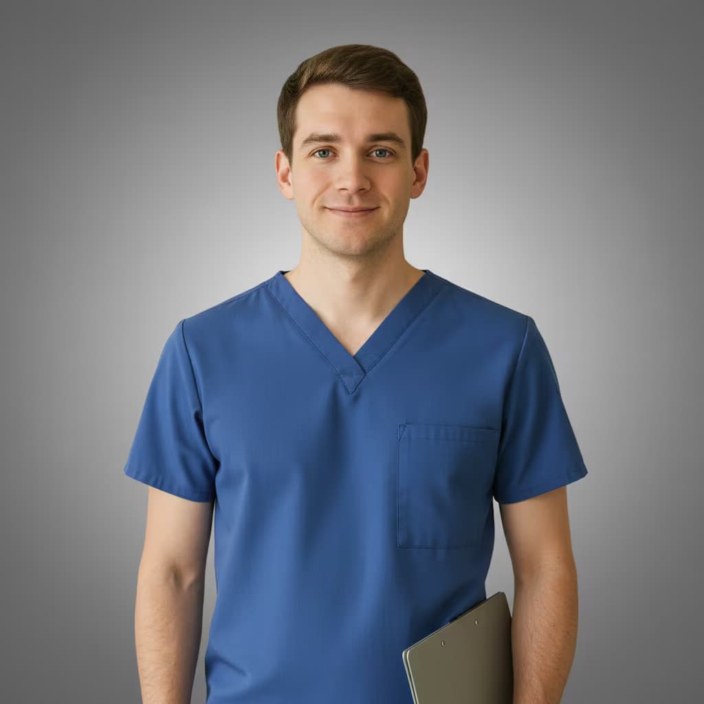 Professional healthcare headshot of a male medical assistant in uniform blue on nurse station and with clipboard