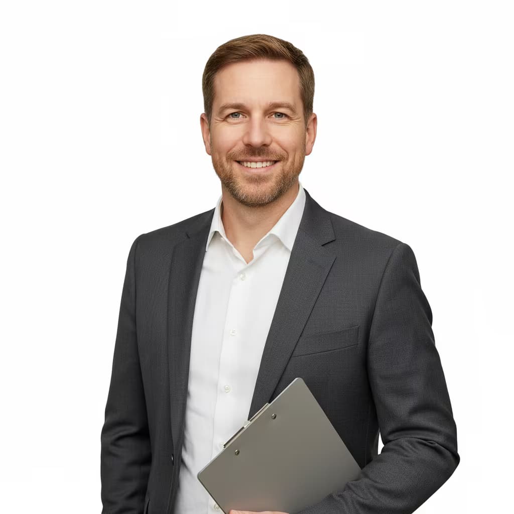 Professional healthcare headshot of a male medical photographer in business attire charcoal on ffffff background and with clipboard