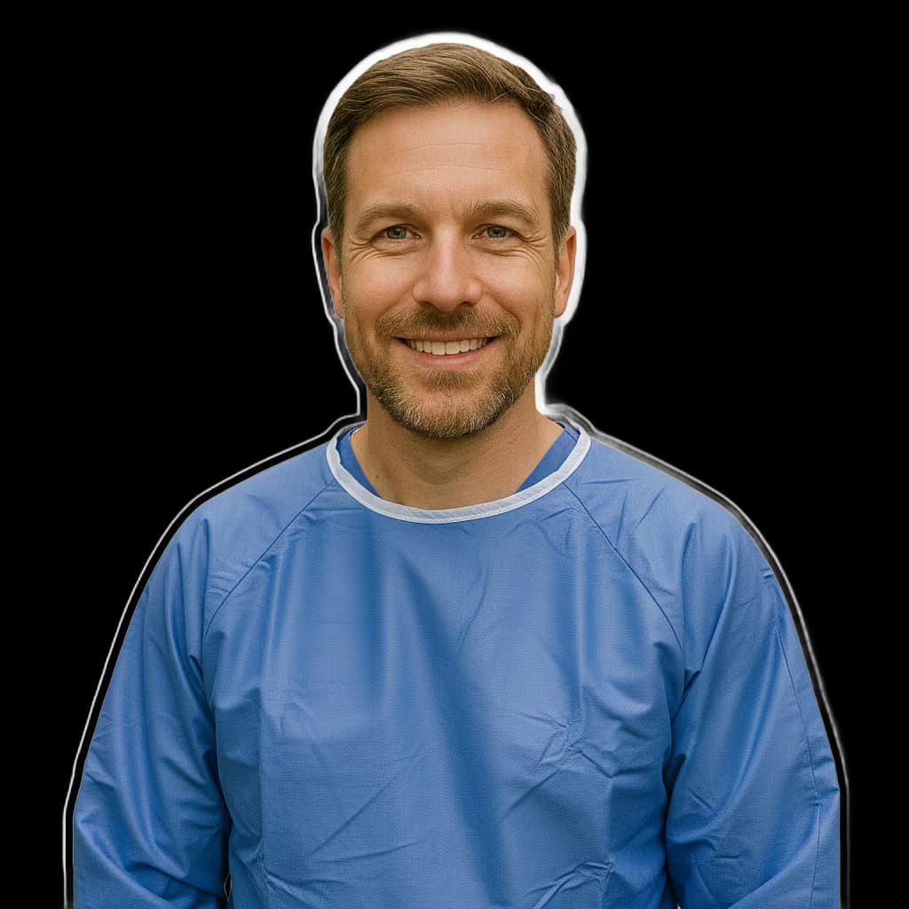 Professional healthcare headshot of a male neurosurgeon in surgical gown blue on transparent background and no accessories