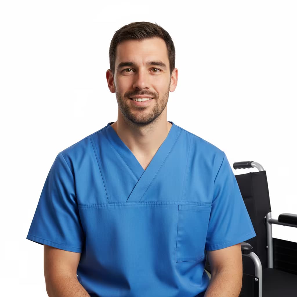 Professional healthcare headshot of a male nursing assistant in uniform blue on ffffff background and with wheelchair