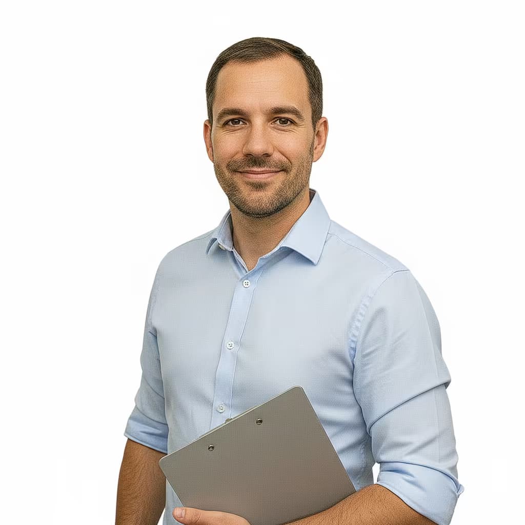 Professional healthcare headshot of a male nutritionist in clinic casual shirt on ffffff background and with clipboard