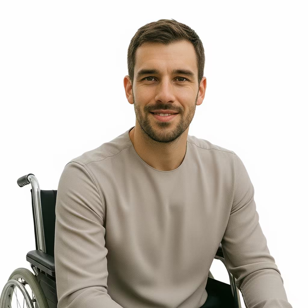 Professional healthcare headshot of a male occupational therapy assistant in clinic casual blouse on ffffff background and with wheelchair
