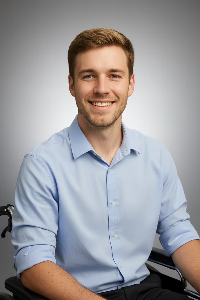 Professional healthcare headshot of a male occupational therapy assistant in clinic casual shirt on examination room and with wheelchair