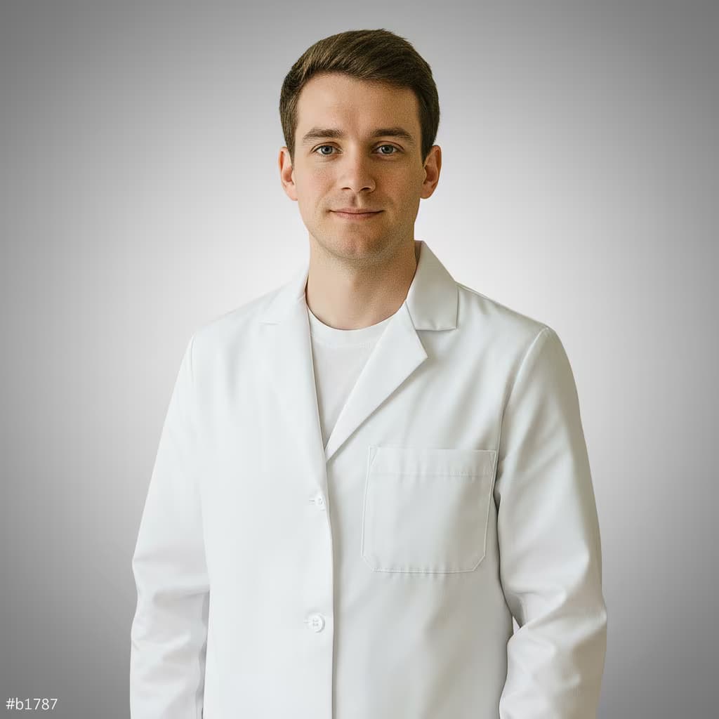 Professional healthcare headshot of a male optometrist in white coat on b7b7b7 gradient background and no accessories