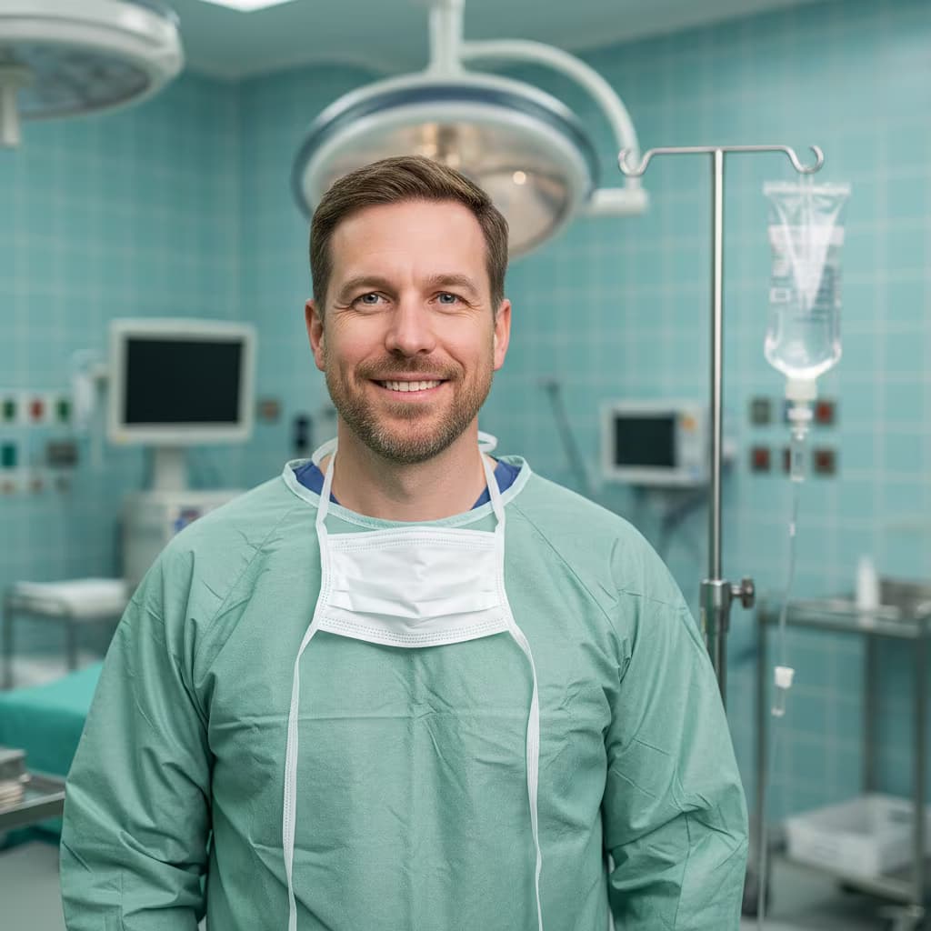 Professional healthcare headshot of a male perfusionist in surgical gown green on surgical room and with iv stand