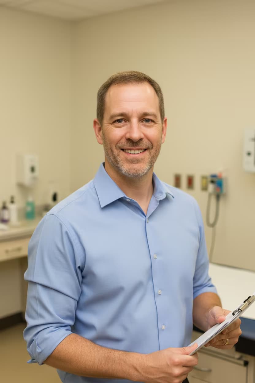 Professional healthcare headshot of a male physical therapist in clinic casual shirt on examination room and with clipboard