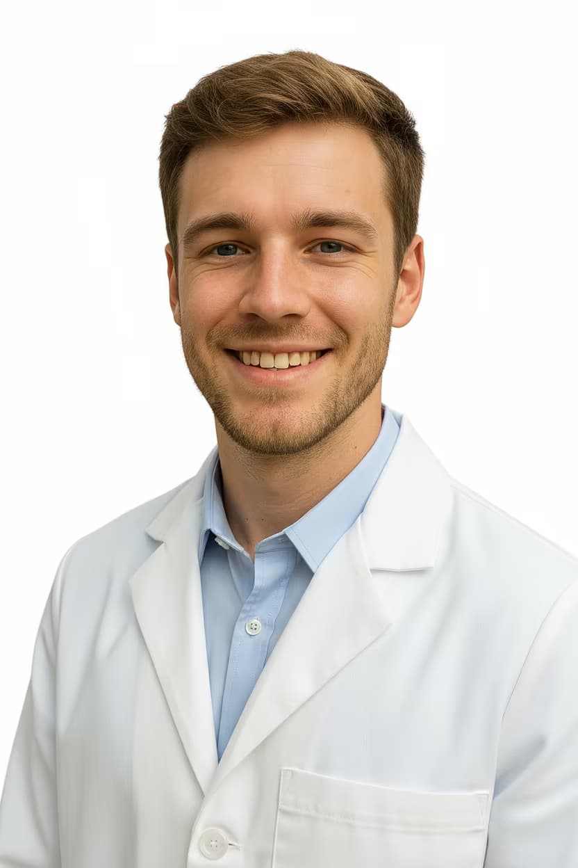 Professional healthcare headshot of a male physician in lab coat on ffffff background and no accessories