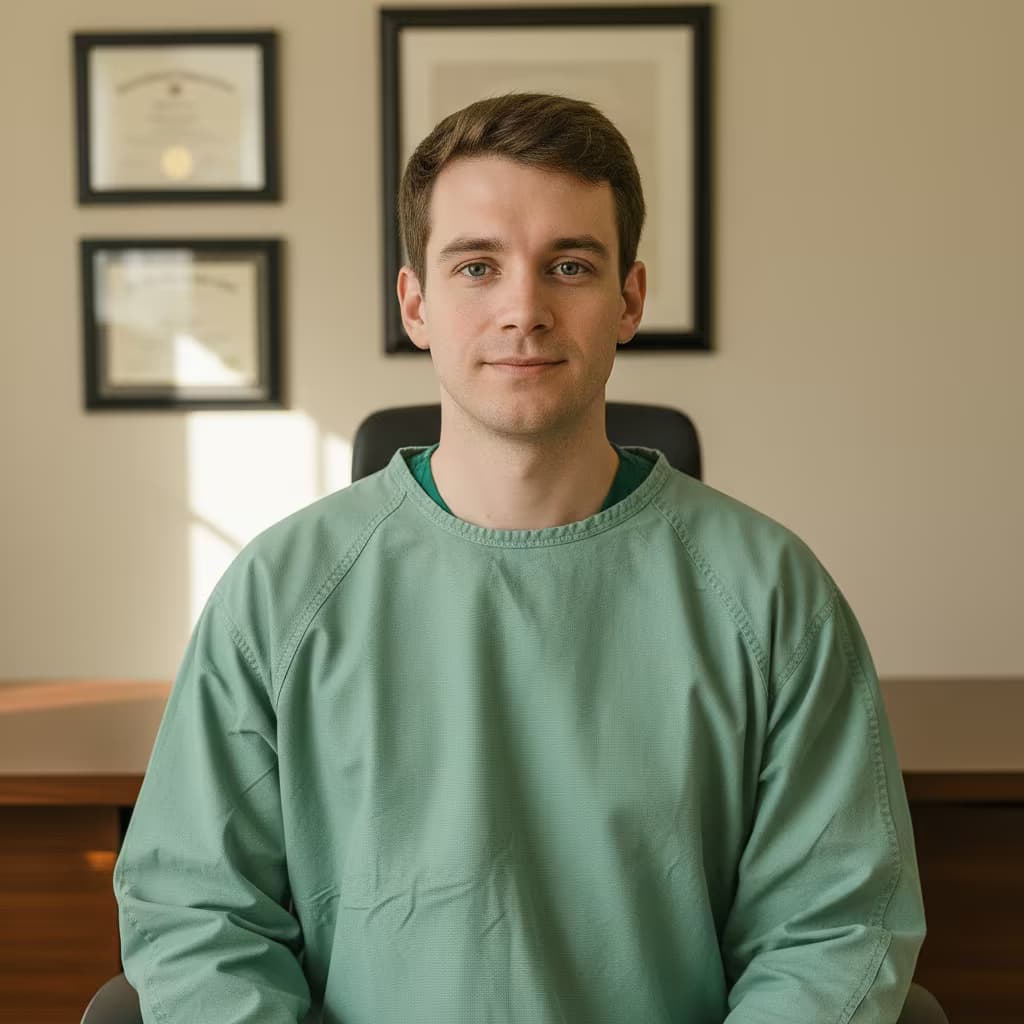 Professional healthcare headshot of a male physician in surgical gown green on doctor s office and no accessories