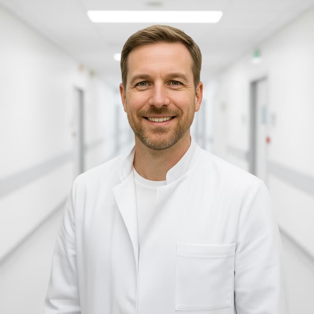Professional healthcare headshot of a male physician in white coat on hospital hallway and no accessories