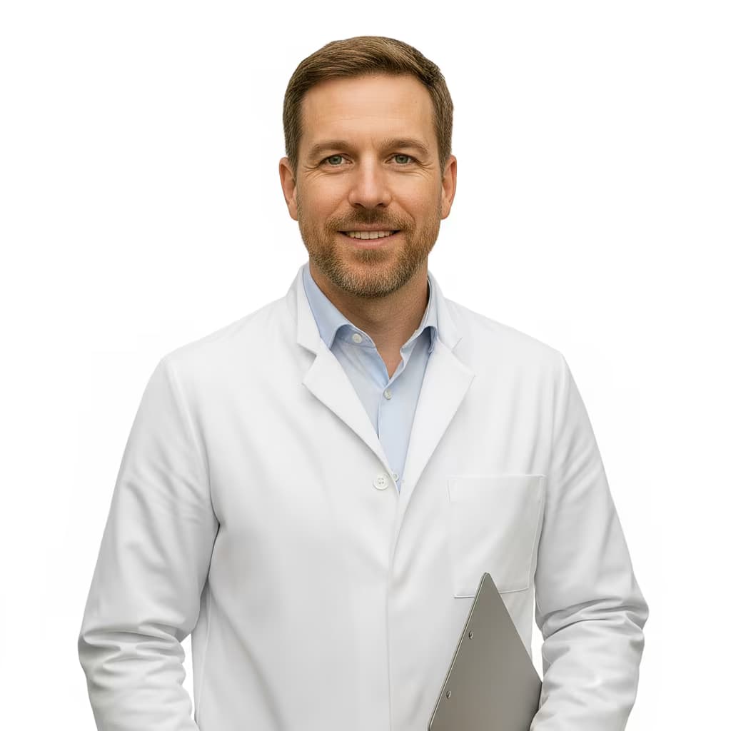 Professional healthcare headshot of a male podiatrist in lab coat on ffffff background and with clipboard