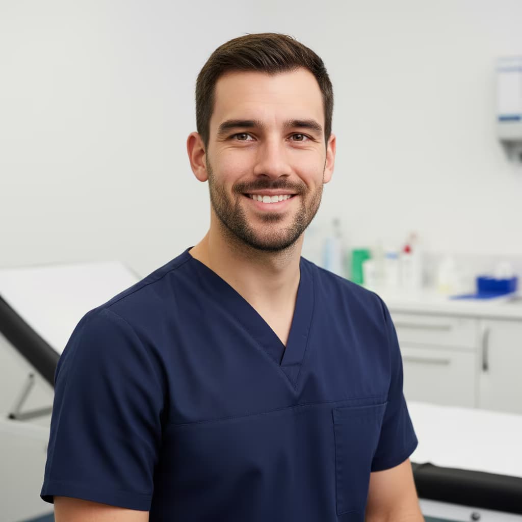Professional healthcare headshot of a male podiatrist in scrubs navy on examination room and no accessories