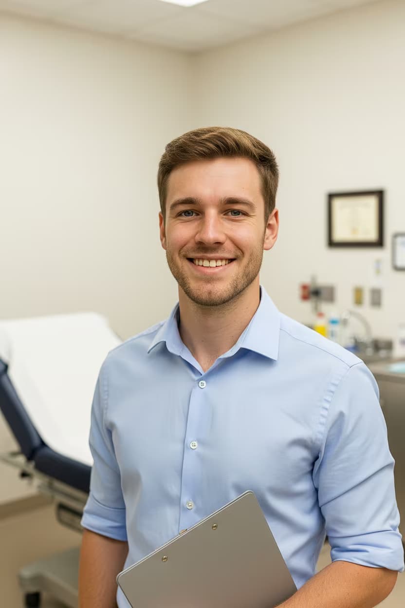 Professional healthcare headshot of a male prosthetist in clinic casual shirt on examination room and with clipboard
