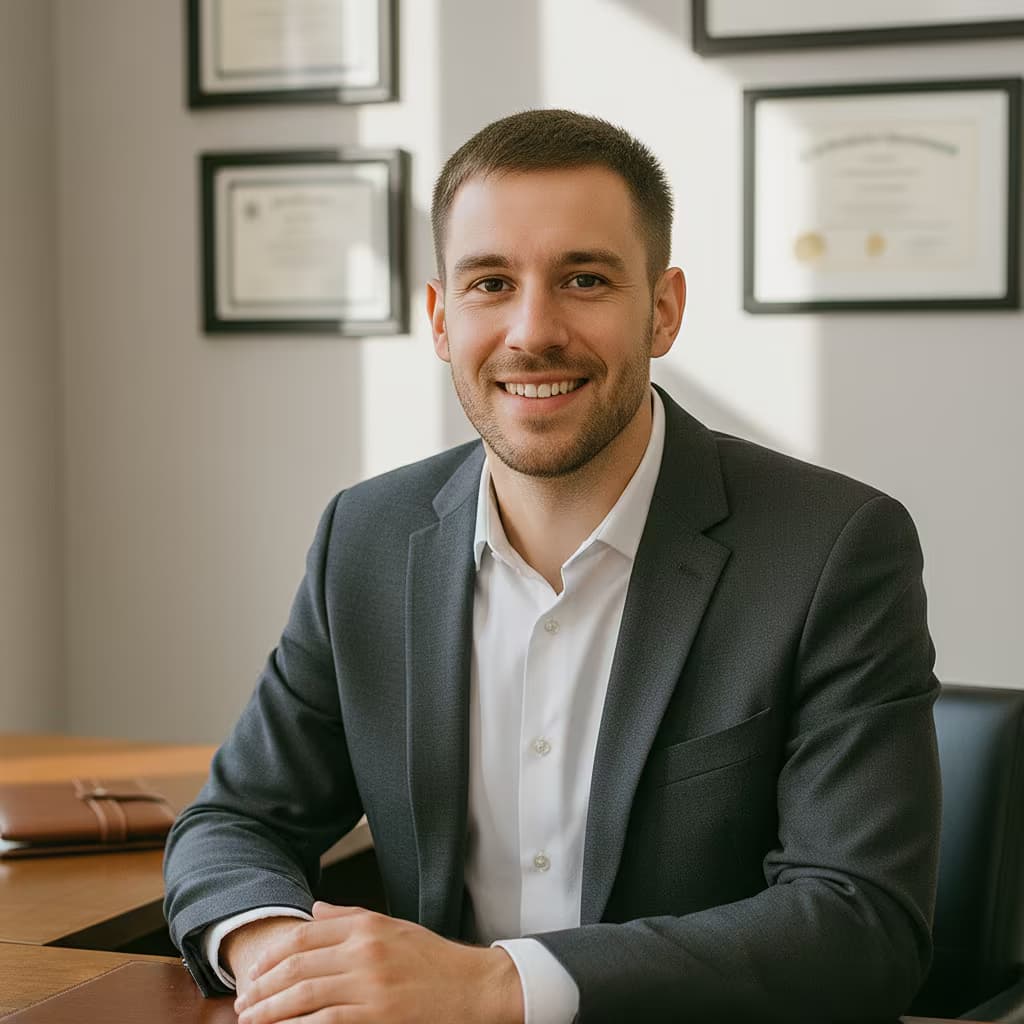Professional healthcare headshot of a male psychiatrist in business attire charcoal on doctor s office and no accessories