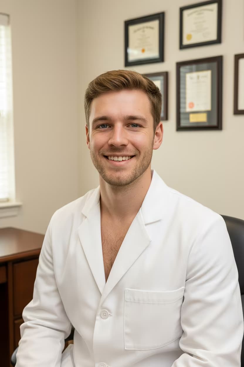 Professional healthcare headshot of a male psychiatrist in white coat on doctor s office and no accessories