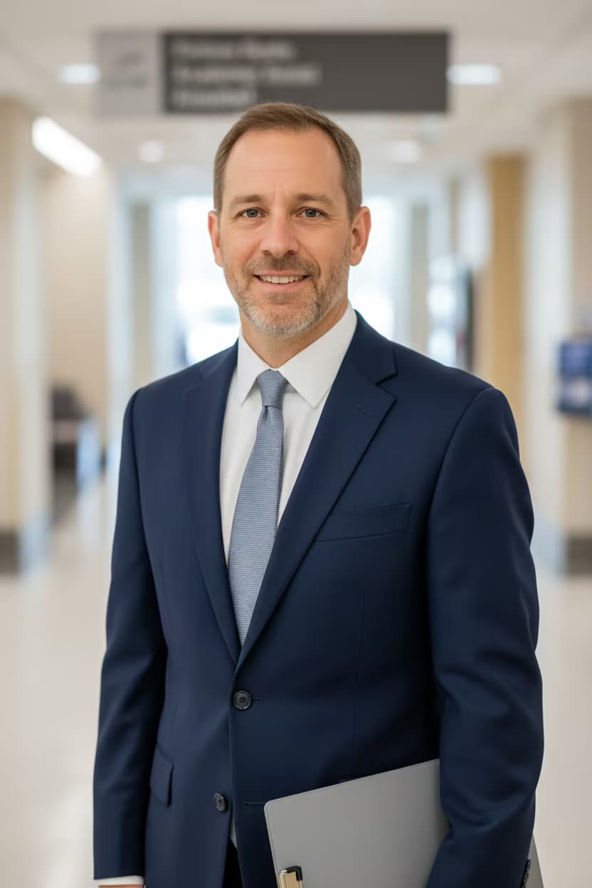 Professional healthcare headshot of a male public health analyst in business attire navy on university medical center and with clipboard