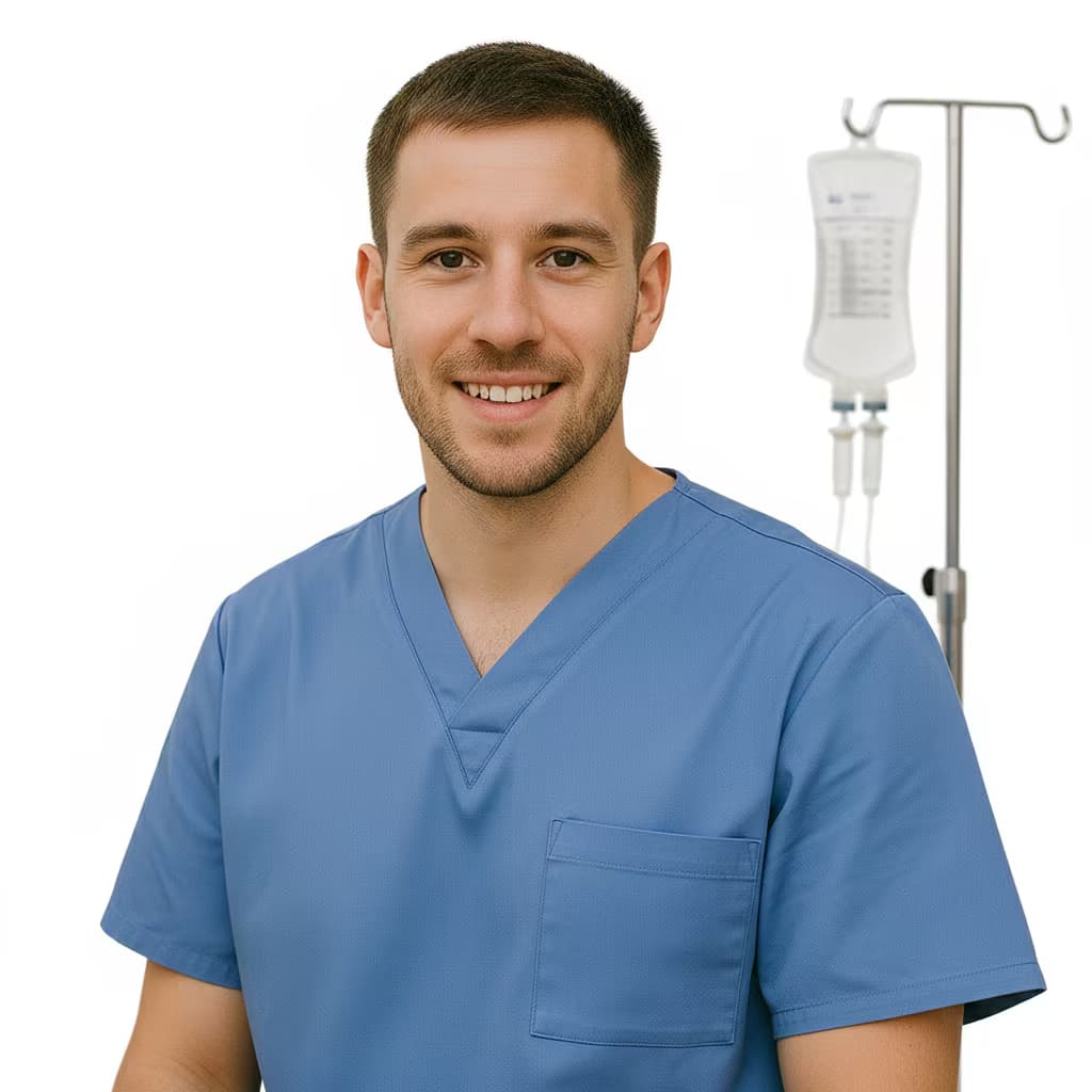Professional healthcare headshot of a male radiologic and mri technologist in uniform blue on ffffff background and with iv stand