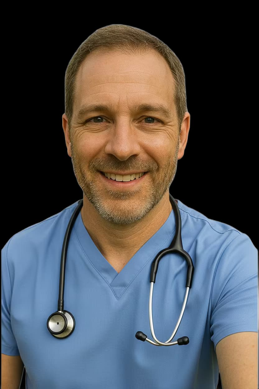 Professional healthcare headshot of a male registered nurse in scrubs light blue on transparent background and with stethoscope