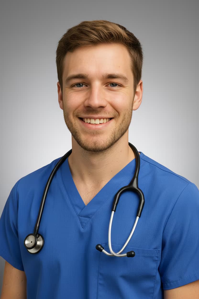 Professional healthcare headshot of a male registered nurse in uniform blue on b7b7b7 gradient background and with stethoscope