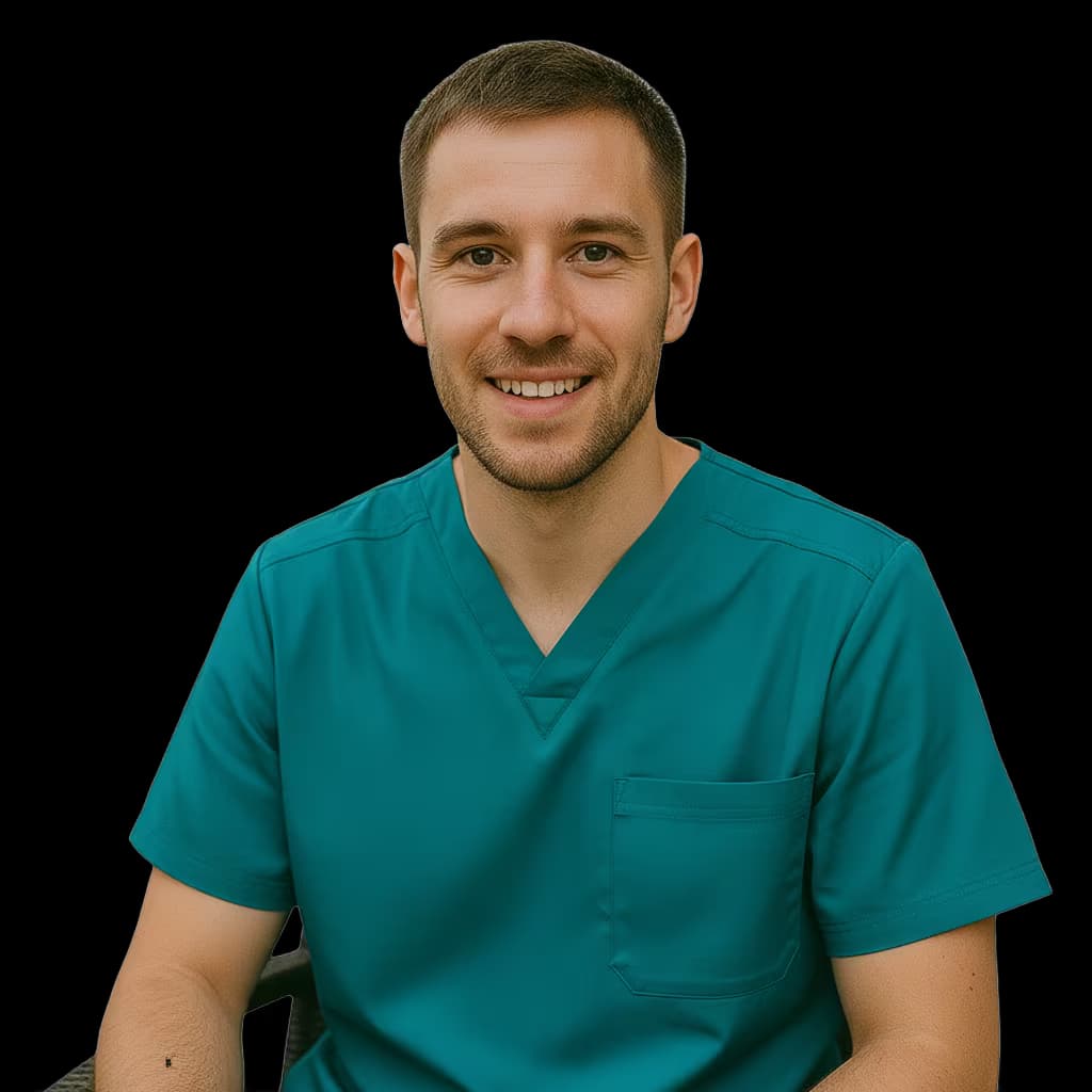 Professional healthcare headshot of a male respiratory therapist in scrubs teal on transparent background and with oxygen saturation monitor