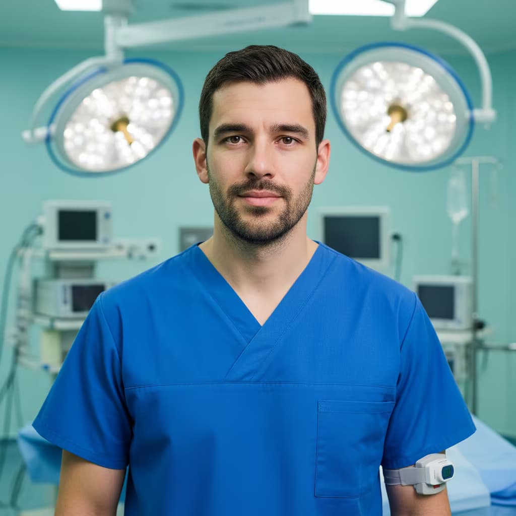 Professional healthcare headshot of a male respiratory therapist in uniform blue on surgical room and with oxygen saturation monitor